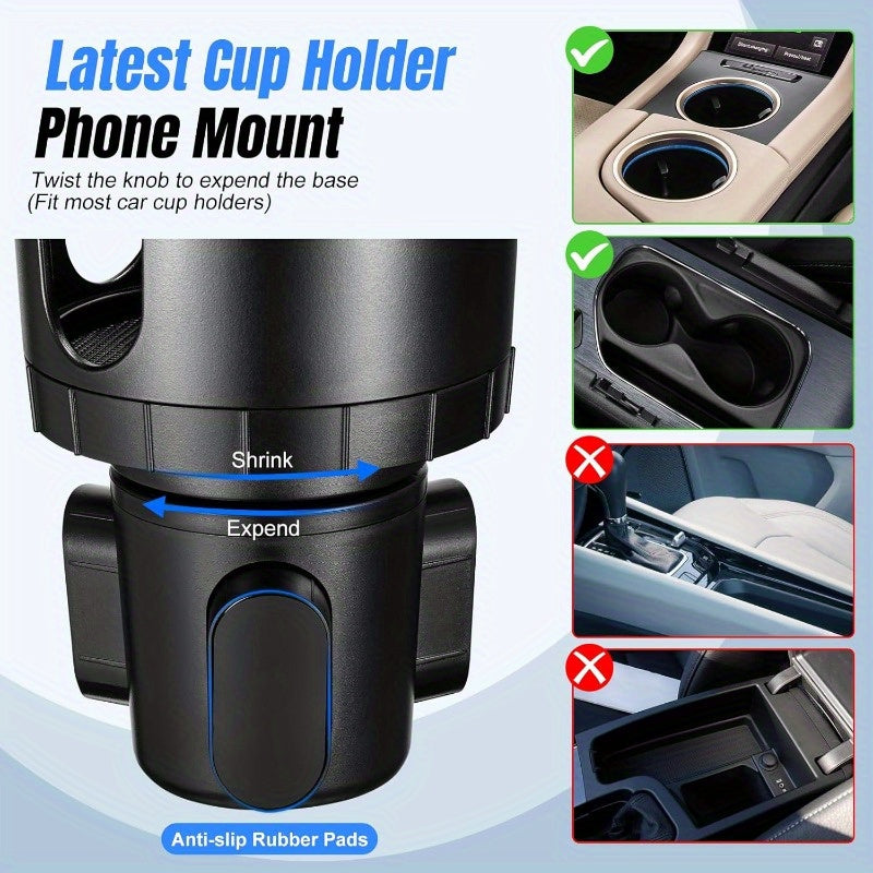 [2-In-1 Cup Phone Holder] Car Cup Holder Phone Mount, Upgraded 2-In-1 Car Cup Phone Holder Expander with Adjustable Base, 360-Degree Rotation, Cup Phone Holder for Car Compatible with Iphone, Samsung & All Smartphones