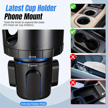 [2-In-1 Cup Phone Holder] Car Cup Holder Phone Mount, Upgraded 2-In-1 Car Cup Phone Holder Expander with Adjustable Base, 360-Degree Rotation, Cup Phone Holder for Car Compatible with Iphone, Samsung & All Smartphones