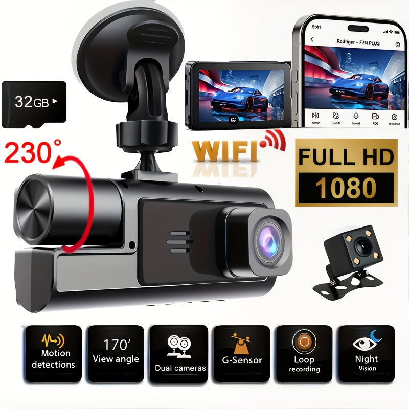 1080P Triple Camera Dash Cam, Car Camera with IR Night Vision, 170° Wide Angle Car DVR Camera, 16GB/32GB TF Card Optional, Loop Recording, G-Sensor | 2-Inch IPS Screen Dual Lens Car Dashboard Video Cam, 24H Parking Mode, Christmas Gift
