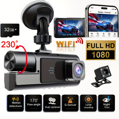 1080P Triple Camera Dash Cam, Car Camera with IR Night Vision, 170° Wide Angle Car DVR Camera, 16GB/32GB TF Card Optional, Loop Recording, G-Sensor | 2-Inch IPS Screen Dual Lens Car Dashboard Video Cam, 24H Parking Mode, Christmas Gift