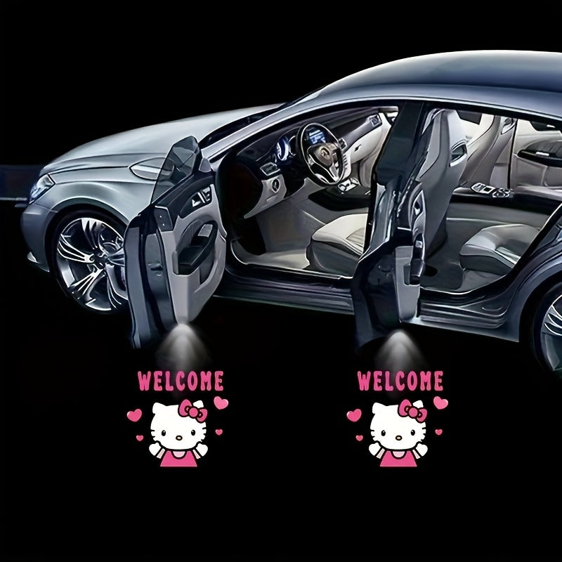 Set of 2 Sanrio Hello Kitty Car Door Lights, Featuring LED Projectors That Display a Cartoon Love Design. These Wireless LED Lights Create a Shadow Effect And Serve As Car Additions, Without Battery