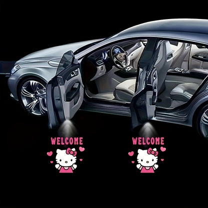 Set of 2 Sanrio Hello Kitty Car Door Lights, Featuring LED Projectors That Display a Cartoon Love Design. These Wireless LED Lights Create a Shadow Effect And Serve As Car Additions, Without Battery
