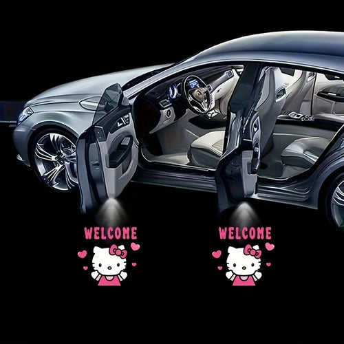 Set of 2 Sanrio Hello Kitty Car Door Lights, Featuring LED Projectors That Display a Cartoon Love Design. These Wireless LED Lights Create a Shadow Effect And Serve As Car Additions, Without Battery