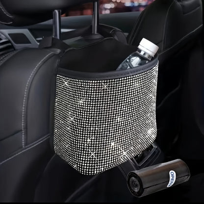 2pcs/set Sparkling Bling Rhinestones Car Trash Can+1pc Trash Bag- Durable & Convenient Hanging Storage Bag For Seat Back - Multifunctional, Space-Saving Car Interior Accessory, Premium Quality