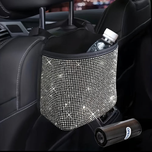 2pcs/set Sparkling Bling Rhinestones Car Trash Can+1pc Trash Bag- Durable & Convenient Hanging Storage Bag For Seat Back - Multifunctional, Space-Saving Car Interior Accessory, Premium Quality