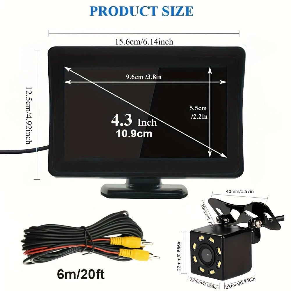 8 LED HD Reversing Camera Kit with 4.3 Inch Monitor | Backup Camera Car Rearview Mirror HD Parking System Night Vision, Wide Angle Lens, USB Charging, Video Resolution, No Battery - Perfect for Cars, Pickups, SUVs
