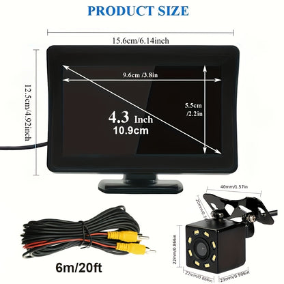 8 LED HD Reversing Camera Kit with 4.3 Inch Monitor | Backup Camera Car Rearview Mirror HD Parking System Night Vision, Wide Angle Lens, USB Charging, Video Resolution, No Battery - Perfect for Cars, Pickups, SUVs