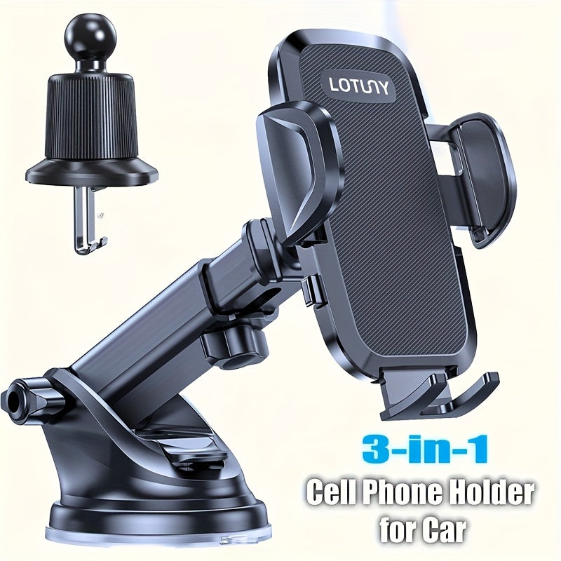 3-in-1 Car Phone Holder, Adjustable Hands-Free Mount for iPhone Samsung Google Pixel & 4"-7.2" Phones, Sturdy Suction Cup with Ergonomic Grip, Black, Modern Design with Textured Grip Surface, Perfect Car Accessory Gift