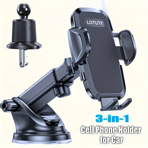 3-in-1 Car Phone Holder, Adjustable Hands-Free Mount for iPhone Samsung Google Pixel & 4"-7.2" Phones, Sturdy Suction Cup with Ergonomic Grip, Black, Modern Design with Textured Grip Surface, Perfect Car Accessory Gift