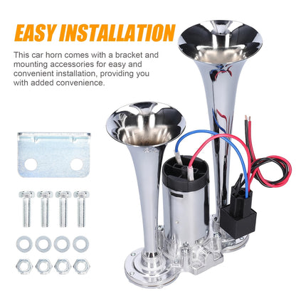 130dB Double Tube Air Horn 12V/24V, Aluminum Alloy Construction with Compressor Included, Super Loud for Trucks, SUVs, Boats, Quick Connect Installation