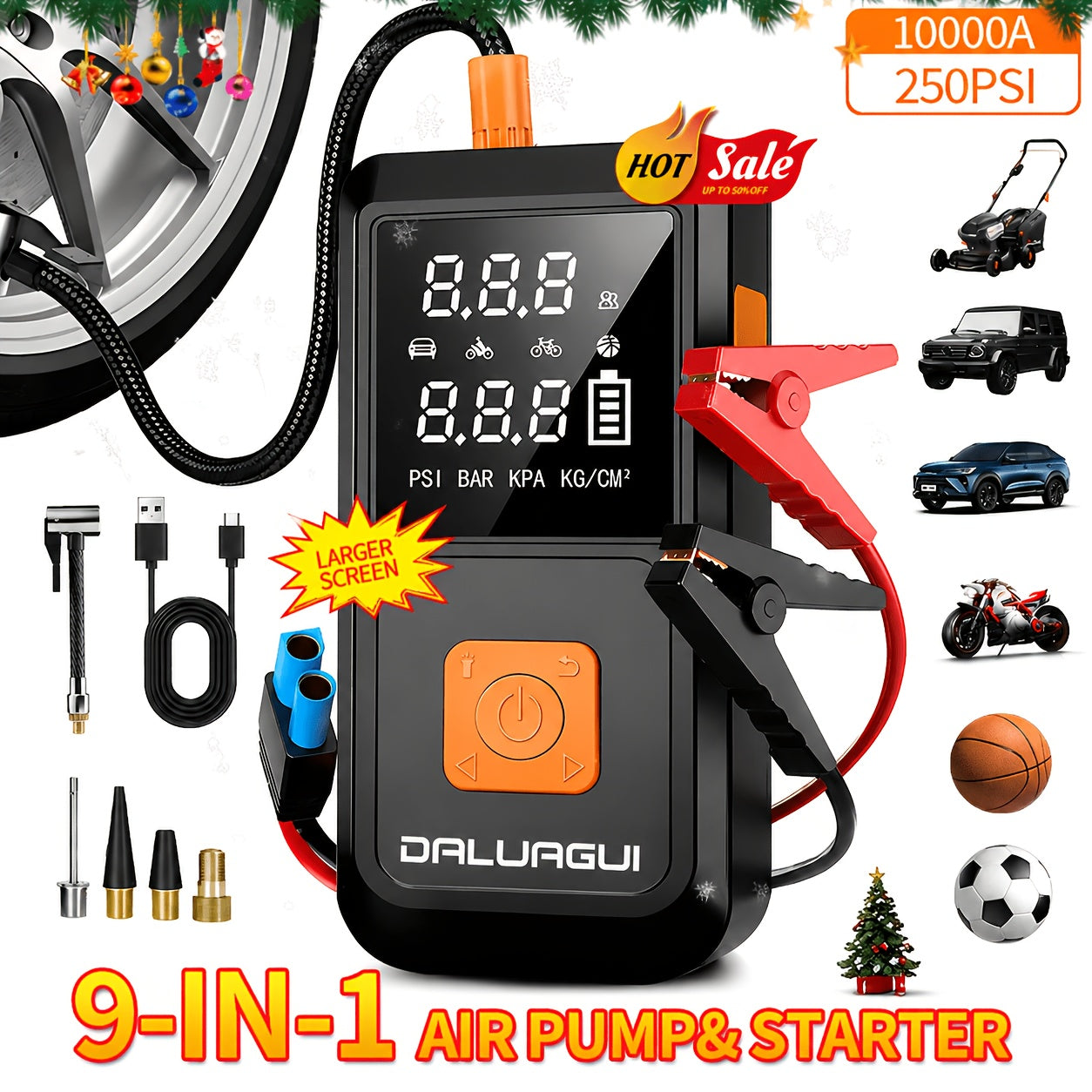 Emergency Power Supply Air Pump, 10000A, Large Screen Digital Display, 250PSI Jump Starter, Compatible with All Car Models, USB Fast Charge, LED Emergency Lighting, Portable 10-liter Gasoline Or 9.0-liter Diesel Engine, with EVA Bag