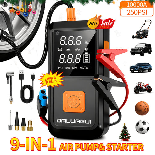 Emergency Power Supply Air Pump, 10000A, Large Screen Digital Display, 250PSI Jump Starter, Compatible with All Car Models, USB Fast Charge, LED Emergency Lighting, Portable 10-liter Gasoline Or 9.0-liter Diesel Engine, with EVA Bag