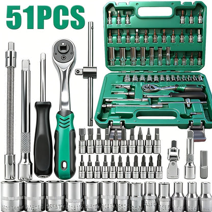 [48pcs Tool Set] Socket Wrench Set, 48pcs Tool Set - 1/2-inch Sockets, 46/51/129pcs with 1/4-inch Ratchet Wrenches, Including Extension Rods, Universal Slide Rail Extension Tubes, Containing 72-tooth Ratchet Wrenches, Suitable for Automotive Repair And Ho