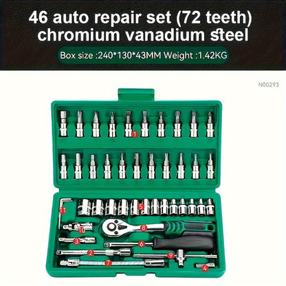 46pcs 1/4" Drive Socket Ratchet Wrench Set With Storage Case, With Reversible Ratchet, Includes Metric Socket Set And Extension For Automotive Repair And Home Maintenance