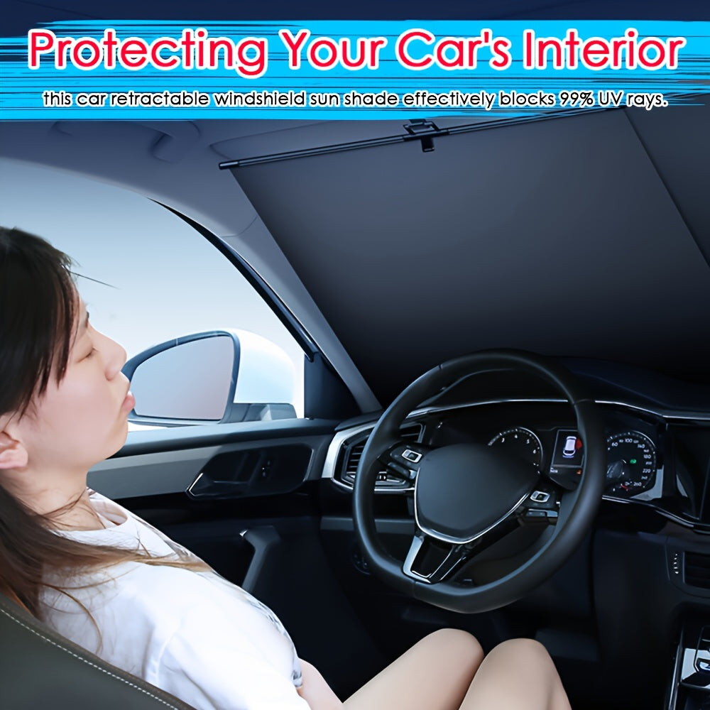 New Automatic Retractable Car Windshield Sunshade - Foldable Front Window Sunshade Blocks 99% of UV Rays And Heat, Fits Most Cars, Features a Easy Rolling Mechanism And Suction Cups (1 Pair)