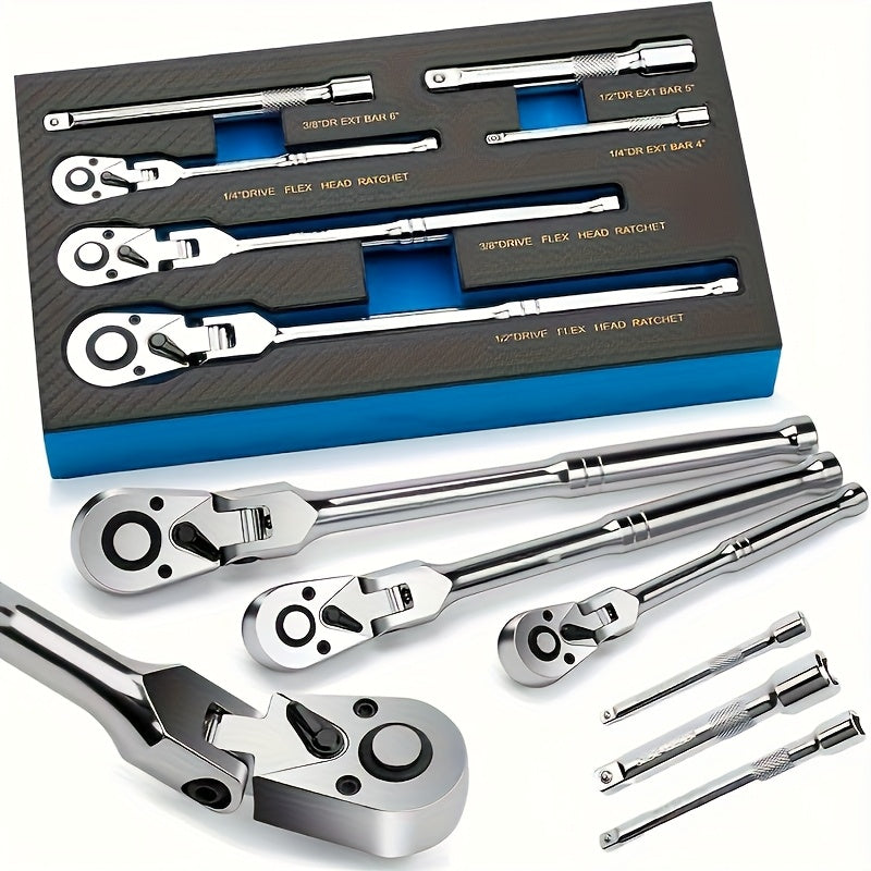 6pcs/3pcs Twist Head Ratchet Set, 1/4", 3/8", 1/2" Drive, Twist Head Ratchet Wrench with Extension Bar, 72 Teeth, 180° Adjustable, Quick Release, Flexible Ratchet Handle with EVA Foam.