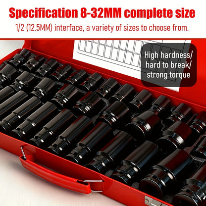 BOURVILL 35/15/10pcs 1/2" Drive Deep Impact Socket Set for Axle Hub Nut, Featuring 6-Point Metric Sizes from 8-32Mm, Made of Cr-Mo Steel, Designed for Heavy-Duty Vehicle Repair And Maintenance