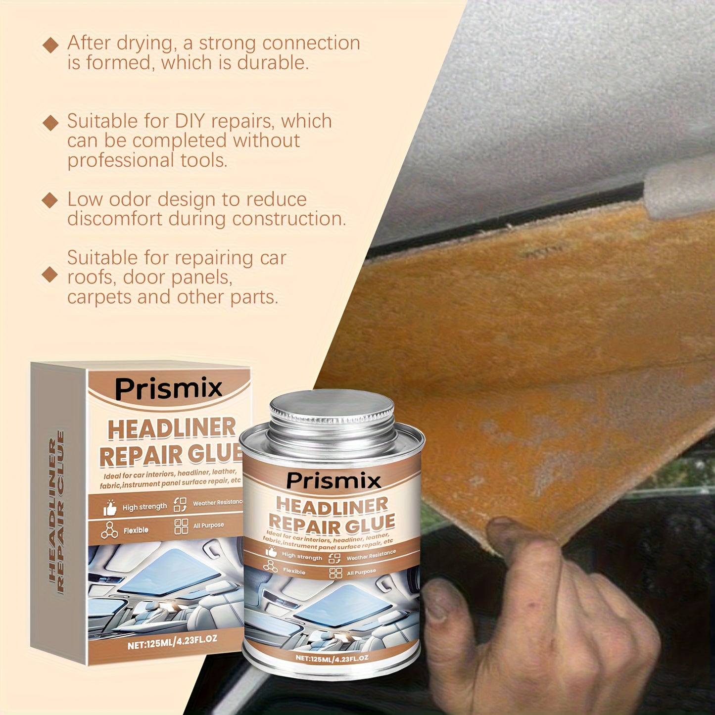 Roof Repair Glue And Car Interior Adhesive Are Suitable for Car Interior, Fabric, And Leather. They Are Easy to Use, Effective, And Time-Saving And Efficient Repairs.