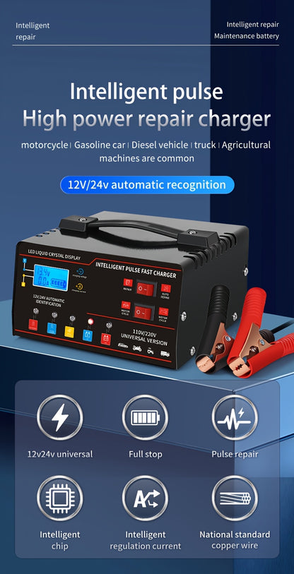 New Styles 12V 24V for smart Universal Battery Charger, LCD Screen, Pulse Repair Function, And Temperature Regulation Designed for Smart Trickle Charging Maintenance of Car, Truck, Harvester, Lawn Mower, Boat, And Motorcycle, Lead Acid Batteries