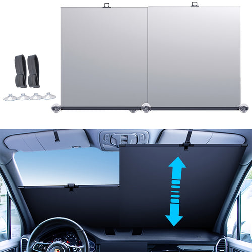 New Automatic Retractable Car Windshield Sunshade - Foldable Front Window Sunshade Blocks 99% of UV Rays And Heat, Fits Most Cars, Features a Easy Rolling Mechanism And Suction Cups (1 Pair)