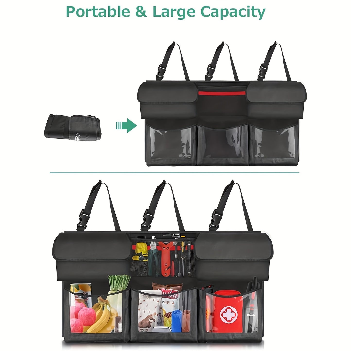 Rear Seat Trunk Organizer Suspended Car Organizer Trunk Foldable Cargo Storage with 6 Large Pockets 3 Adjustable Shoulder Straps 40x19 Inches