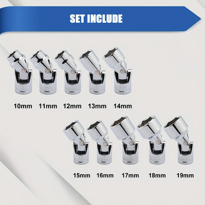 10pcs 3/8 Inch Drive Universal Joint Socket Set, 6 Point, Metric, 10mm, 11mm, 12mm, 13mm, 14mm, 15mm, 16mm, 17mm, 18mm, 19mm, Swivel Socket with Flexible Wobble, CR-V, 3/8"Drive Universal Flex Socket Set, Mirror Chrome Finish