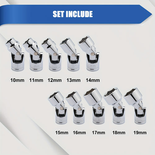 10pcs 3/8 Inch Drive Universal Joint Socket Set, 6 Point, Metric, 10mm, 11mm, 12mm, 13mm, 14mm, 15mm, 16mm, 17mm, 18mm, 19mm, Swivel Socket with Flexible Wobble, CR-V, 3/8"Drive Universal Flex Socket Set, Mirror Chrome Finish