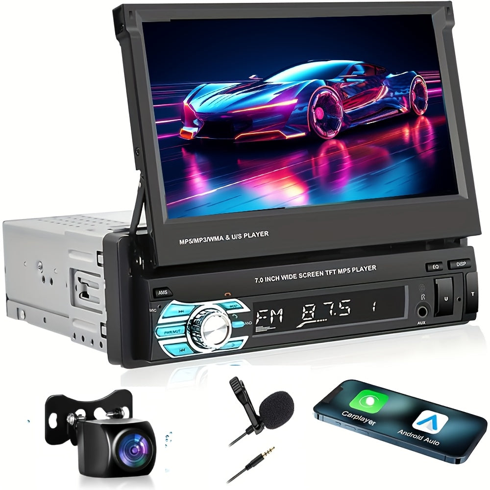 Podofo Wireless CarPlay & Android Auto Single DIN Car Stereo with HD Flip-Out Touchscreen, Compatible for /Android, Wireless, Backup Camera, USB/Type-C/AUX, Voice Control, FM Radio, for -in- Vehicle Audio System