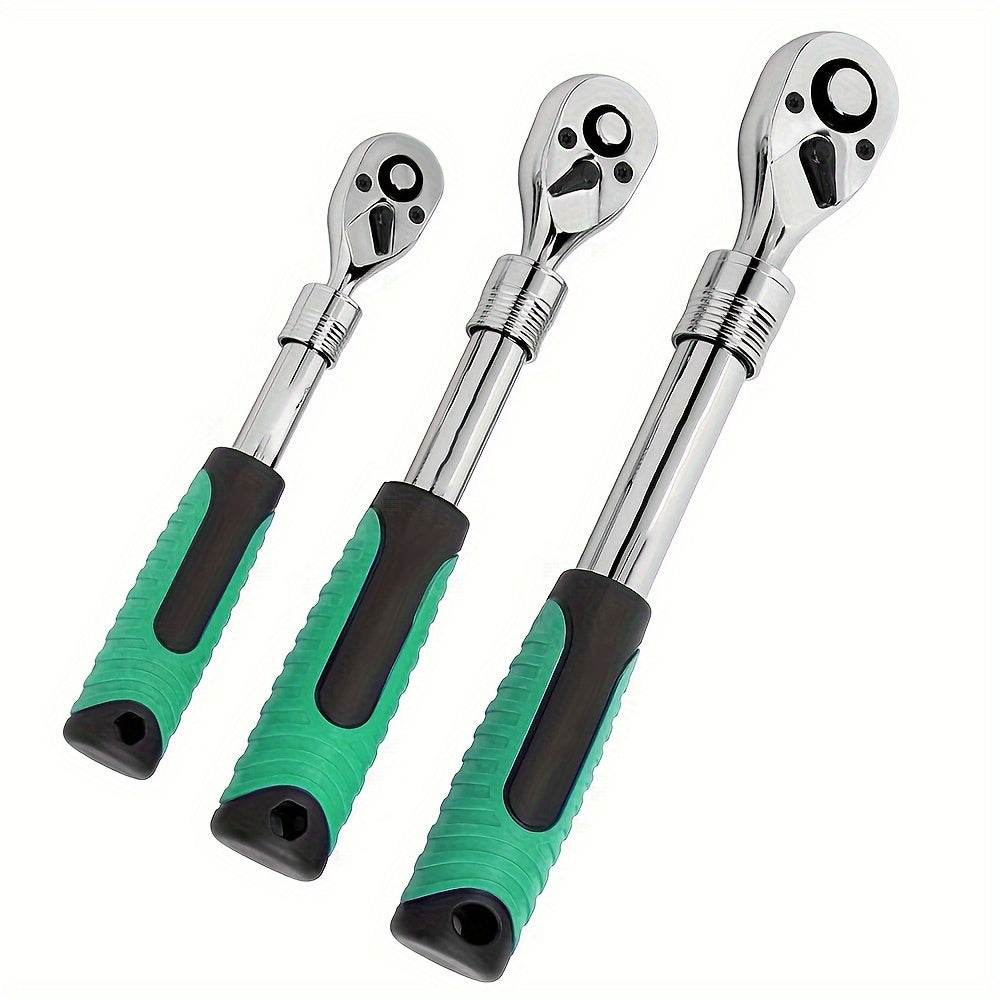3-Piece Extendable Ratchet Set, 1/4 3/8 1/2 Inch Extendable Socket Wrench, Ratchet Wrenches Set 72-Tooth Quick-Release, Soft Grip Handle, Release Reversible Gear Torque Spanner Mechanical Tools