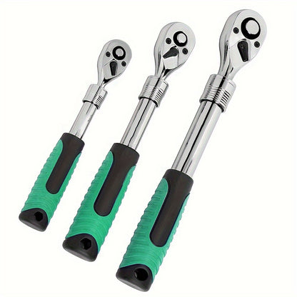 3-Piece Extendable Ratchet Set, 1/4 3/8 1/2 Inch Extendable Socket Wrench, Ratchet Wrenches Set 72-Tooth Quick-Release, Soft Grip Handle, Release Reversible Gear Torque Spanner Mechanical Tools