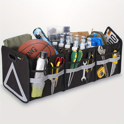 Heavy Duty Foldable Trunk Organizer with Multi Pockets & Reflective Stripe - Collapsible Storage for Car, SUV, Minivan, Trunk Space Saver, Easy Access Design, Secure Zipper Closure
