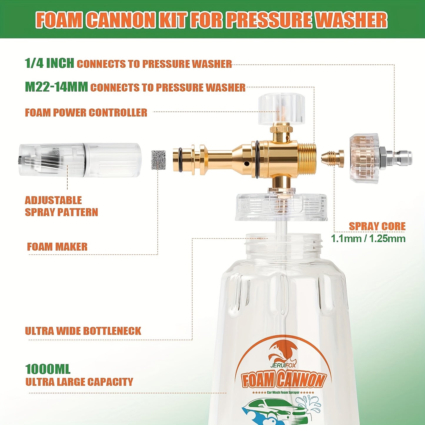 Pressure Washer Foam Soap Cannon Dual Connector Accessory - Power Wand With 5 Nozzle Tips And 1/4" Quick Connect For Car Wash - 5000PSI