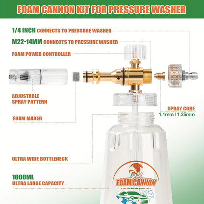 Pressure Washer Foam Soap Cannon Dual Connector Accessory - Power Wand With 5 Nozzle Tips And 1/4" Quick Connect For Car Wash - 5000PSI