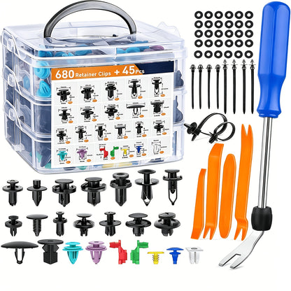 680pcs+ 45pcs Of Tools, Universal Automotive Bumper Fixing Clips, Car Door Panel Clips, Push Fender Rivet Expansion Screws Replacement Kit, Automotive Fastener Assembly with Fastener Removal Tools
