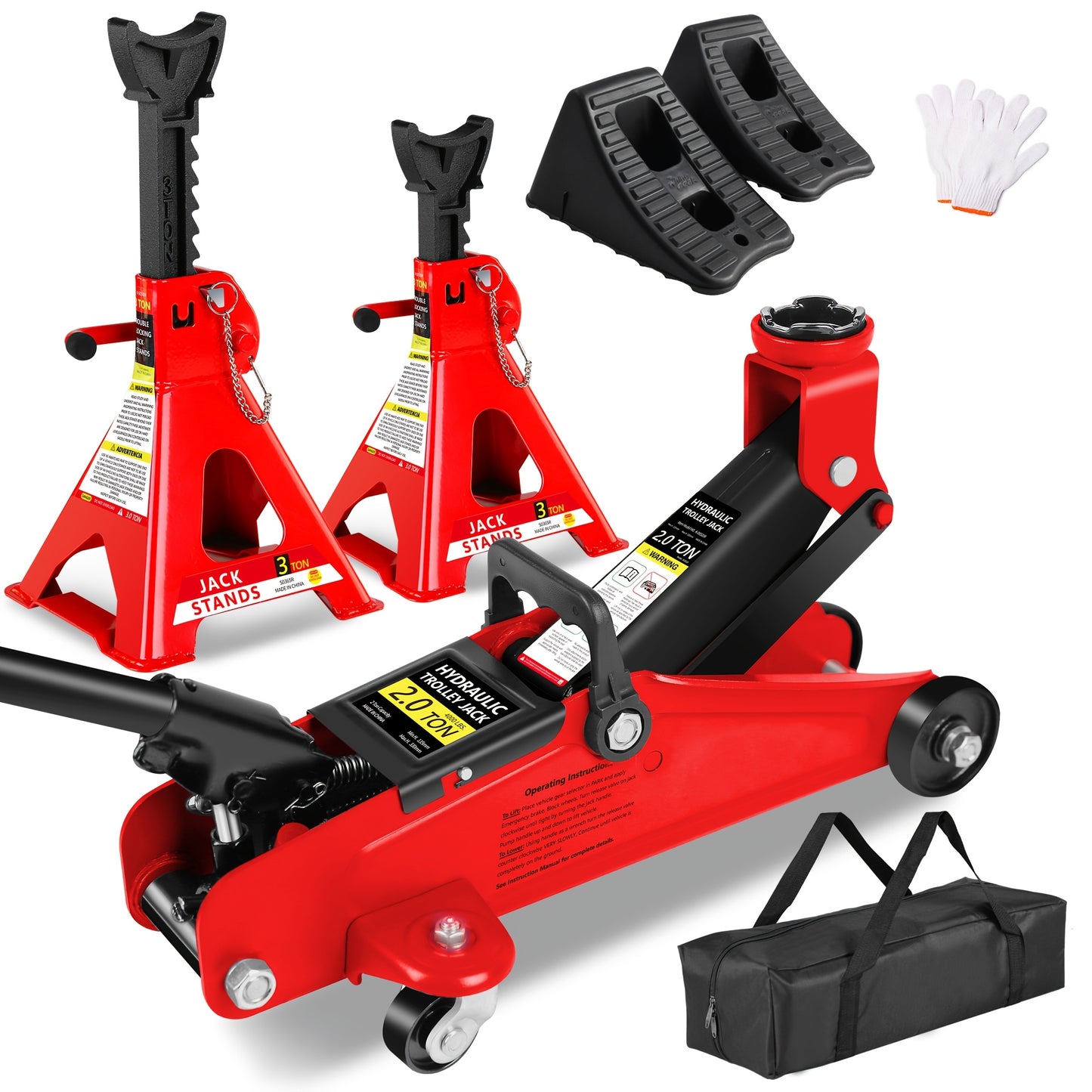 2/2.5/3 Ton Capacity, Jack Kit Low Profile Hydraulic Trolley Service/Floor Jack Combo, Multiple Meal Plans to Choose from 3 Ton Jack Stands 2PCS, Tire Repair Kit, 14-inch Wheel Cross Wrench, Wheel Chock, Jack Accessories Red/Blue