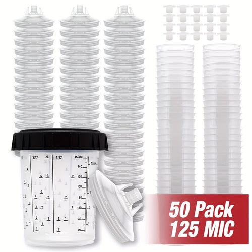 Set of 50 Disposable 20.29oz PPS Cups with Liners And Lids for Paint Spray Guns, Including Mixing Cups for HVLP Sprayers, a 2-Cup Adapter, And a Paint Stirrer, Perfect for Automotive Painting