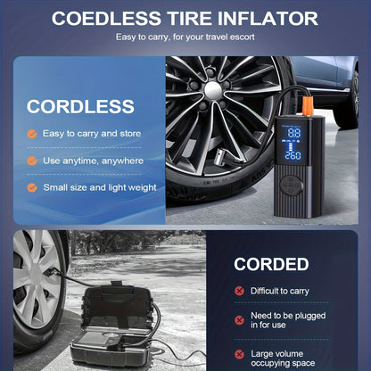 Portable Tire Inflator with Digital Pressure Gauge, Car Tire Pump, 210 PSI, 22 Cylinders, Rechargeable Battery, LED Light, Cordless Air Pump, Wireless Bicycle Tire Pump, Suitable for Cars, Motorcycles, Bicycles, Balls, Etc., New