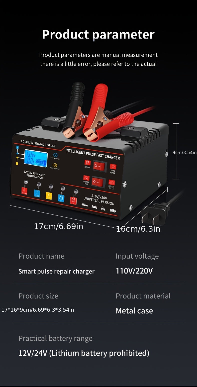 New Styles 12V 24V for smart Universal Battery Charger, LCD Screen, Pulse Repair Function, And Temperature Regulation Designed for Smart Trickle Charging Maintenance of Car, Truck, Harvester, Lawn Mower, Boat, And Motorcycle, Lead Acid Batteries