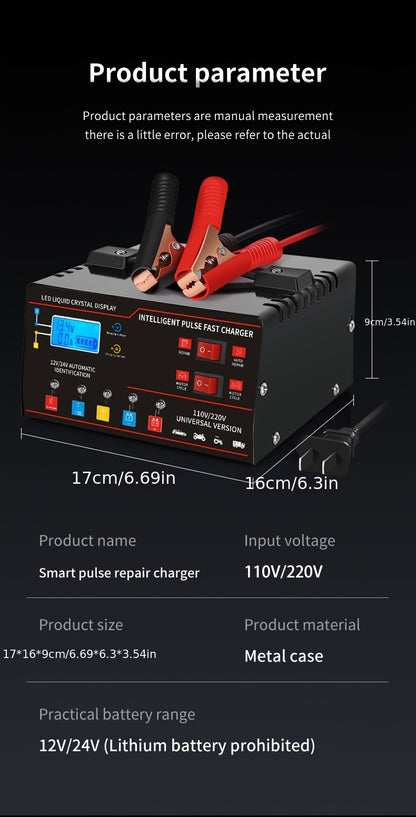 New Styles 12V 24V for smart Universal Battery Charger, LCD Screen, Pulse Repair Function, And Temperature Regulation Designed for Smart Trickle Charging Maintenance of Car, Truck, Harvester, Lawn Mower, Boat, And Motorcycle, Lead Acid Batteries