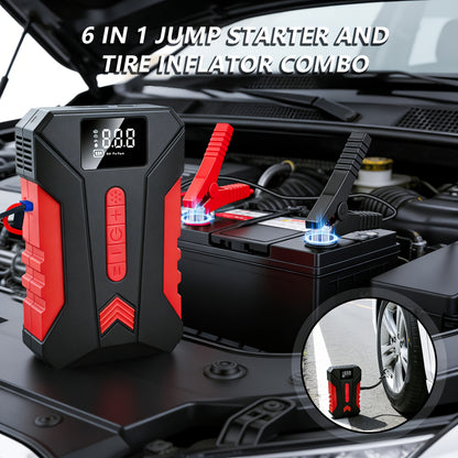 15000A Peak Car Emergency Starter & 250PSI Portable Tire Inflator, 12V (ALLGas/ 2.11 Gallons Diesel) Quick Start Vehicle, Portable Car Battery Charger, USB Input/ Output, LED Emergency Light, Car Emergency Tool