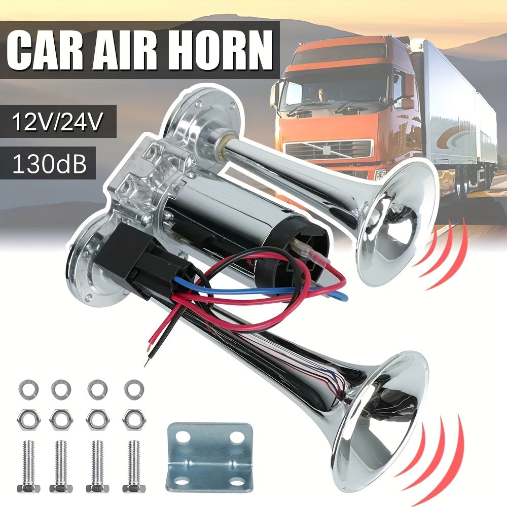 130dB Double Tube Air Horn 12V/24V, Aluminum Alloy Construction with Compressor Included, Super Loud for Trucks, SUVs, Boats, Quick Connect Installation