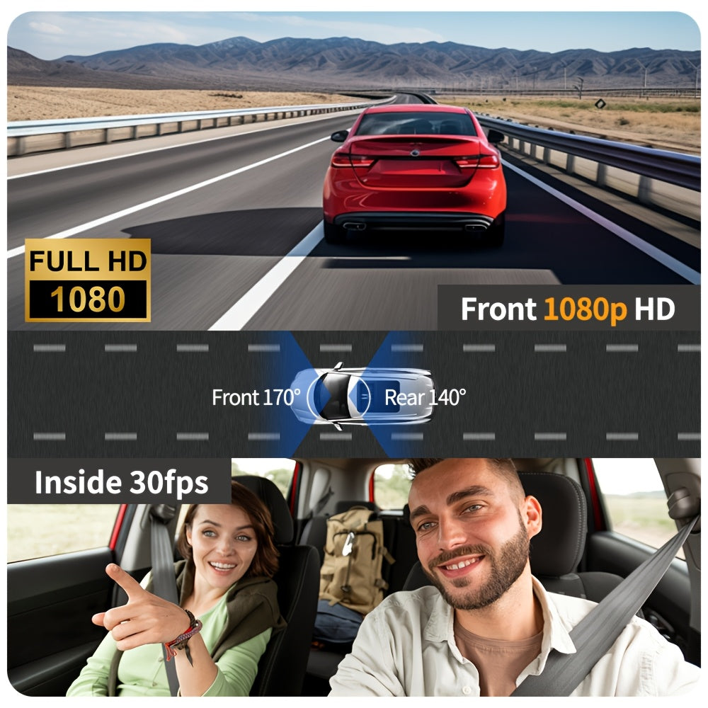 1080P HD Front And Rear Dual-Camera Dash Cam, Equipped with a 2-Inch IPS Screen, 170° Front Wide Angle And 140° Rear Wide Angle, ADAS Driving Assistance, G-Sensor, Loop Recording, Night Vision, 24-Hour Parking Mode - SD Card Not Included