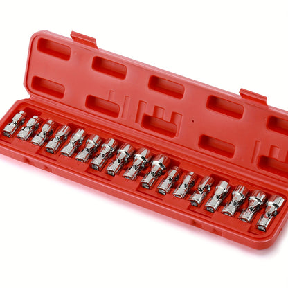 [17Pcs Socket Set] 17Pcs 3/8" Drive Universal Joint Socket Set, Including Both SAE And Metric Sizes, Ranging From 3/8" To 3/4" And 10Mm To 19Mm, Featuring A 6-Point Design, Made Of CR-V, With A Swivel Head For 360-Degree Access And A Flexible Wobble Socke
