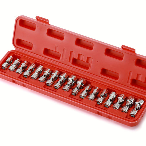 [17Pcs Socket Set] 17Pcs 3/8" Drive Universal Joint Socket Set, Including Both SAE And Metric Sizes, Ranging From 3/8" To 3/4" And 10Mm To 19Mm, Featuring A 6-Point Design, Made Of CR-V, With A Swivel Head For 360-Degree Access And A Flexible Wobble Socke