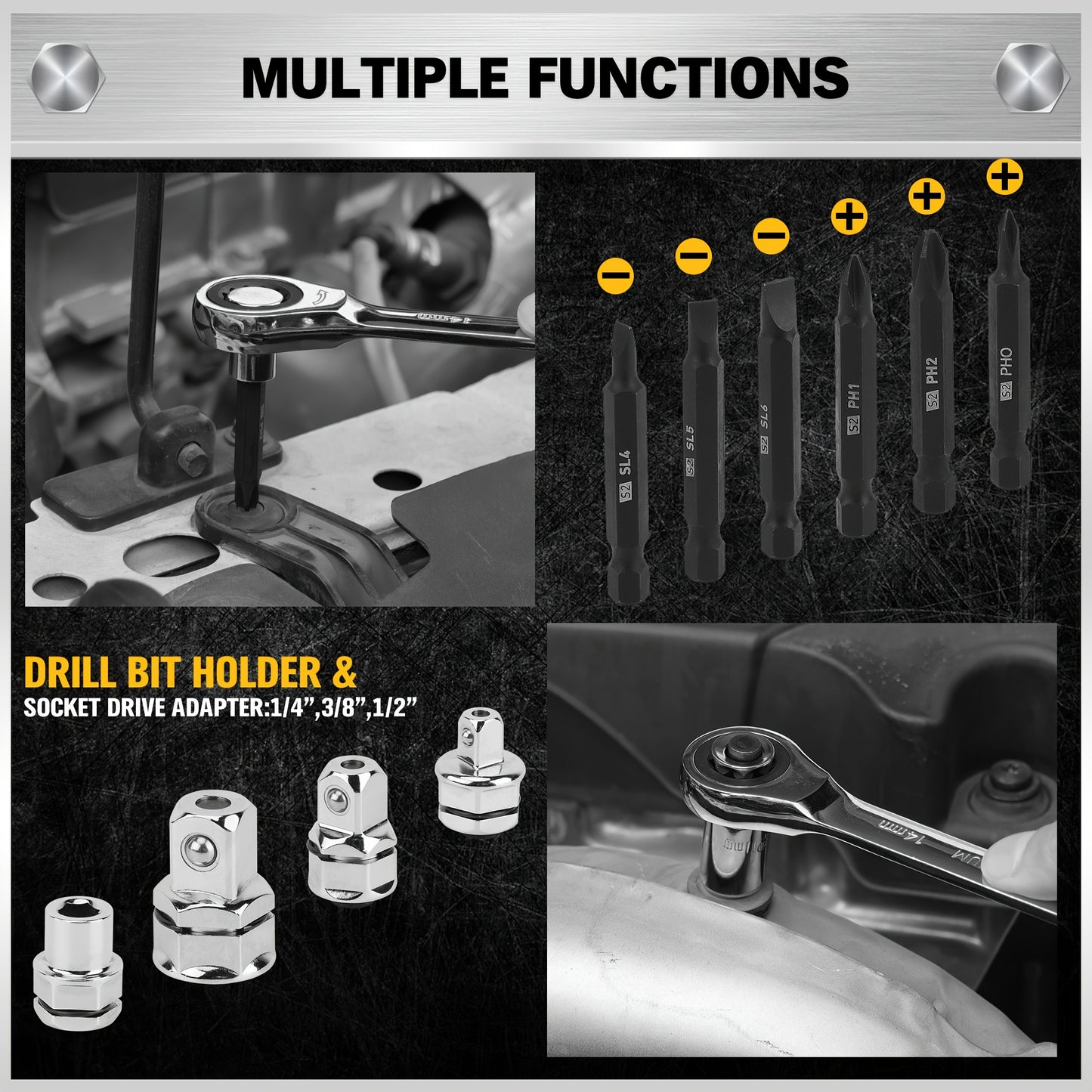 33pcs Combination Ratchet Wrench Set, SAE And Metric Sizes, 72-Tooth Gear Design, CR-V Steel, Adjustable, Manual Operation for Car Maintenance (Includes 22 Ratcheting Wrenches, 4 Adapters, And 6 Screwdriver Bits, And 1 Storage Case)