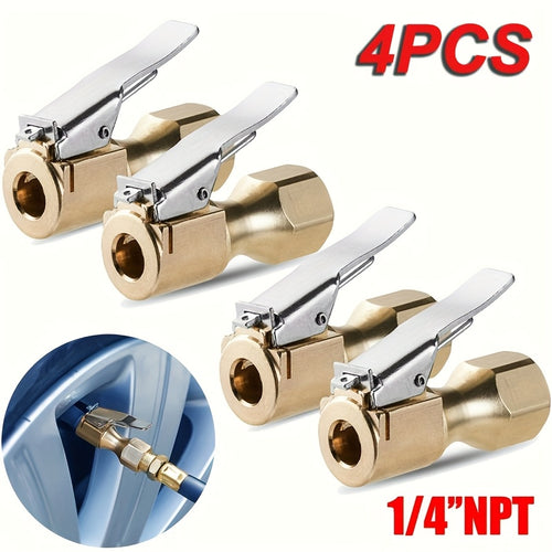 4pcs Heavy Duty Brass Air Chucks with Clips, Universal Model, Closed Flow Lock-On Tire Valve with Clip, for Inflator Gauge Compressor Accessories