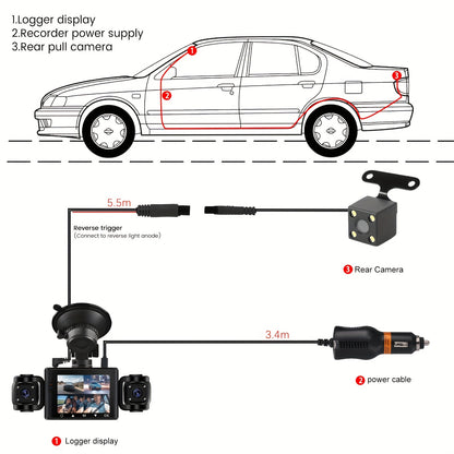 Black Friday Offer, 2.4-Inch 1080P Car Camera, Four-Channel Recording, Three-Screen HD Car Camera, Features 480P Images from Left, Right, And Rear, Plus Motion Detection, Night Vision, And Wide Dynamic Range, Optional 64GB Memory Card