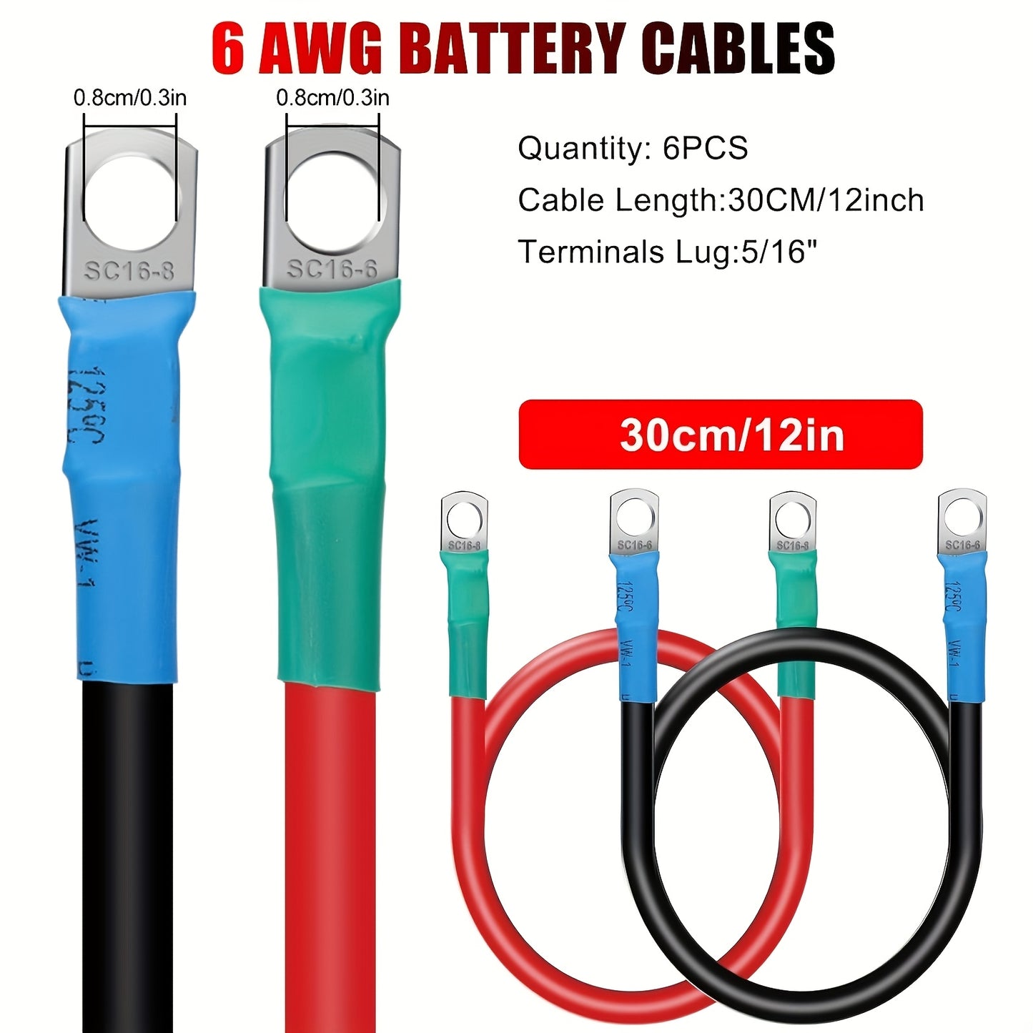 6pcs 12inch Battery Cables, 6AWG Battery Inverter Cables Set, with 5/16" Tinned Copper Lugs, for Cars, Trucks, Boats, Solar