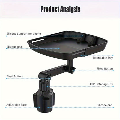 3-in-1 Car Cup Holder Tray Phone Holder - Dual Expandable Base, ABS Adjustable Rotating Bracket