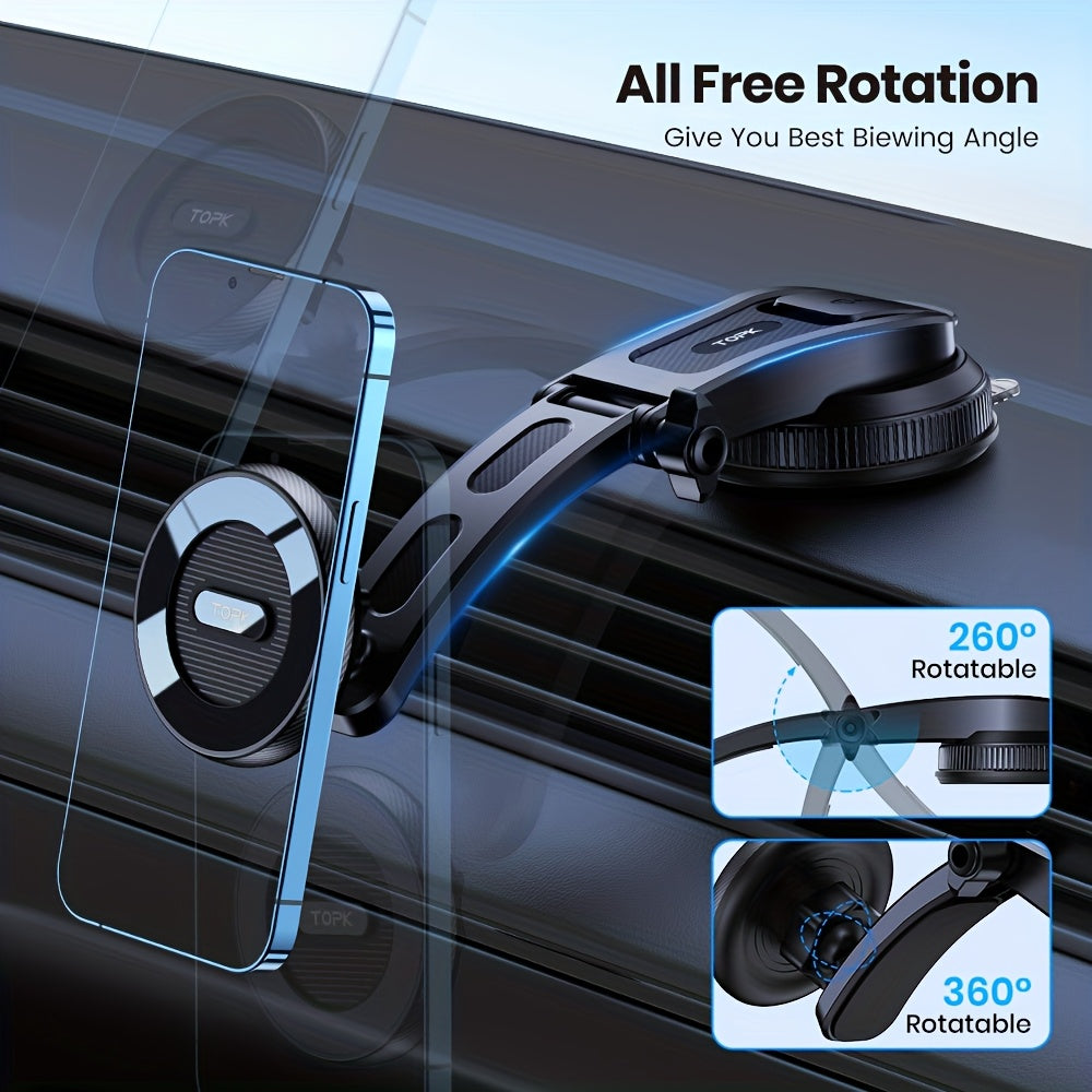 TOPK D50C Magnetic Car Phone Holder Horizontal/Vertical Adjustable Dashboard Mount with Strong Suction, Hands-Free, for iPhone 12/13/14/15/16/17